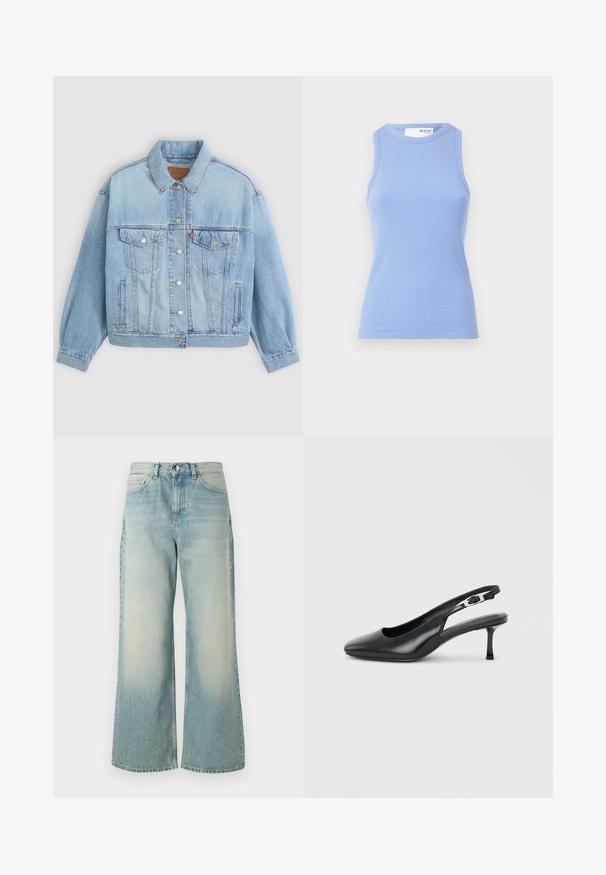 Lys blå denimjakke med klassisk krave, knaplukning, to brystlommer, afslappet pasform og synlige syningsdetaljer.; Lyseblå ribbet tanktop med rund hals og uden ærmer. Har en tætsiddende silhuet og en glat tekstur.; Lyseblå vide jeans lavet af denim, med en afdæmpet vask, klassisk fem-lomme design og en frontknaplukning.; Sort læder slingback-sko med spids snude, lav, slank kittenhæl og justerbar spænde på en ensfarvet lys baggrund.