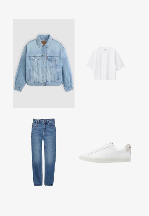 Lys blå denimjakke med klassisk krave, knaplukning, to brystlommer, afslappet pasform og synlige syningsdetaljer.; Hvid cropped t-shirt lavet af blød bomuld med rund hals, korte ærmer og løs pasform. Simpelt og alsidigt design.; Blå denim jeans med lige ben design, fem-lomme stil og høj talje. Har let falmede områder og kontrasterende syning.; Hvide lædersneakers med en struktureret off-white gummi sål. Funktioner inkluderer snørebånd, diskrete sømme og en grå ruskindsdetalje ved hælen.