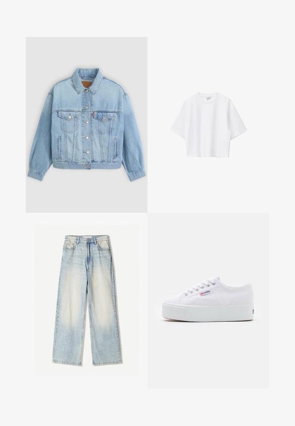Lys blå denimjakke med klassisk krave, knaplukning, to brystlommer, afslappet pasform og synlige syningsdetaljer.; Hvid cropped t-shirt lavet af blød bomuld med rund hals, korte ærmer og løs pasform. Simpelt og alsidigt design.; Lyseblå denimbukser med vid ben, der har fem lommer, subtil falmning og synlige sømme langs kanterne.; Hvide canvas sneakers med en tyk hvid platformssål, rund tå og metaløjelets til snørebånd. Mærkets logo præsenteret på siden.
