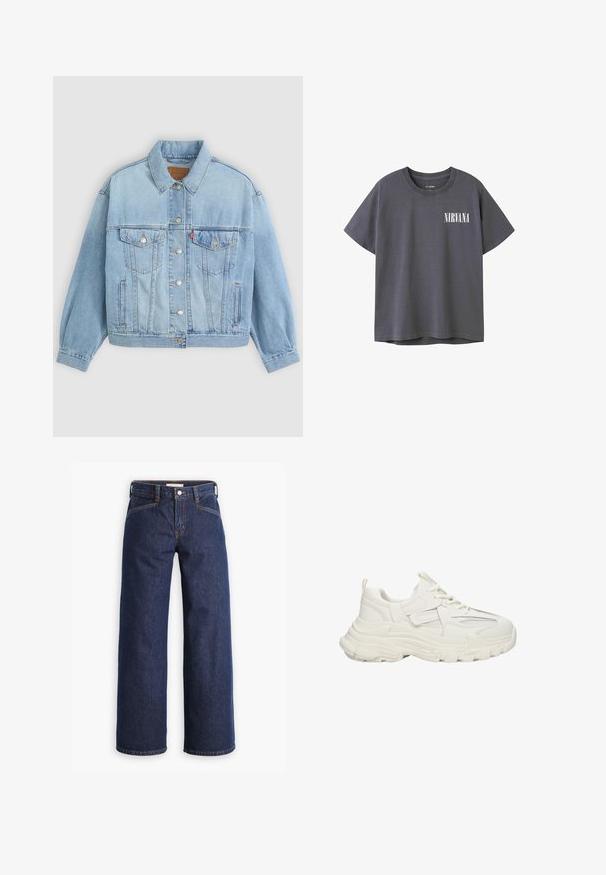 Veste en denim bleu clair avec un col classique, fermeture boutonnée, deux poches poitrine, coupe décontractée et détails de couture visibles.; T-shirt en coton gris foncé à manches courtes et col rond, avec un graphique blanc "NIRVANA" sur la zone gauche de la poitrine.; Jeans en denim bleu marine avec taille haute, coupe large et broderies orange discrètes. Comprend une fermeture par bouton et zip à l'avant.; Baskets blanches épaisses avec un supérieur texturé et des détails en mesh, semelle en caoutchouc épaisse, bout rond et accents décoratifs sur les côtés.