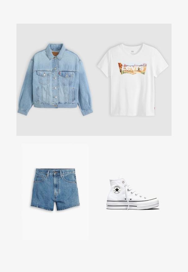 Lys blå denimjakke med klassisk krave, knaplukning, to brystlommer, afslappet pasform og synlige syningsdetaljer.; Hvid Levi's t-shirt med ørkenlandskab og plantegrafik inde i mærkets batwing-logo over brystet.; Denim shorts i lyseblå, med fem lommer, lynlås og knappelukning. Kanten er tattered med et afslappet fit design.; Hvid højtop Converse Chuck Taylor All Star-sneaker med sort logo-patch og hvide snørebånd, vist på hvid baggrund.