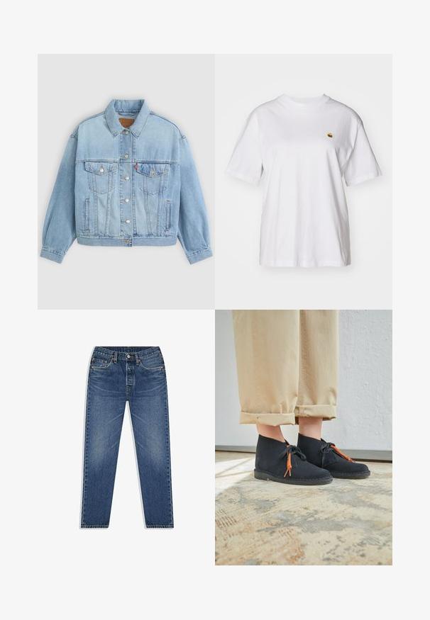 Lys blå denimjakke med klassisk krave, knaplukning, to brystlommer, afslappet pasform og synlige syningsdetaljer.; Hvid bomulds-t-shirt med en afslappet pasform, korte ærmer og et lille broderet logo på venstre brystområde.; Blå denim jeans med lige ben-design, der har knap- og lynlåsgylpter, fem lommer og subtilt slid i vasken.; Person iført beige opkrogede bukser og sorte ruskindsstøvler med orange snørebånd, der står på et mønstret gulv.