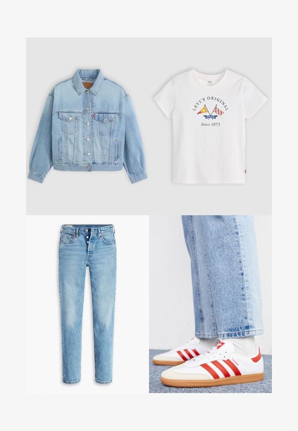 Lichtblauwe denim jacket met een klassieke kraag, knoopsluiting, twee borstzakken, een ontspannen pasvorm en zichtbare stiksels.; Wit Levi's T-shirt met korte mouwen, gekruiste gele en rode vlaggen en tekst "Levi's Original Since 1873" voor midden.; Lichtblauwe denim jeans met een rechte pijpdesign, vijf zakken en een knopenrij. Heeft vervaagde gebieden en wassing voor textuur.; Witte leren sneakers met rode strepen en accenten. Voorzien van een getextureerde gumrubberen outsole en een gevoerde kraag. Draag ze met lichtblauwe denim.