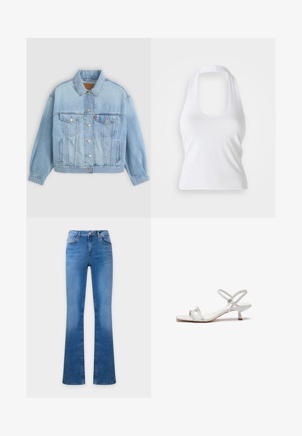 Lichtblauwe denim jacket met een klassieke kraag, knoopsluiting, twee borstzakken, een ontspannen pasvorm en zichtbare stiksels.; Witte haltertop met een ronde halslijn, gemaakt van een gladde, rekbare stof. Heeft een minimalistisch ontwerp zonder versieringen of patronen.; Blauwe spijkerbroek met een hoge taille en uitlopende pijpen, met voor- en achterzakken en een knoopsluiting.; Witte sandaal met bandjes, voorzien van een lage blokhak, platte zool en verstelbare enkelband. Glad materiaal met een eenvoudig ontwerp.