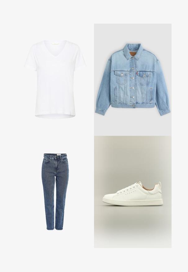 Veste en denim bleu clair avec un col classique, fermeture boutonnée, deux poches poitrine, coupe décontractée et détails de couture visibles.; T-shirt blanc à manches courtes avec un col en V, en tissu doux, doté d'une coupe décontractée et d'un ourlet droit avec des détails de couture minimaux.; Jean bleu en denim taille haute avec poches avant, passants pour ceinture, fermeture par boutons et coupe jambe droite sur fond blanc.; Baskets blanches basses avec lacets, détails perforés sur les côtés et languette au talon, sur fond neutre.