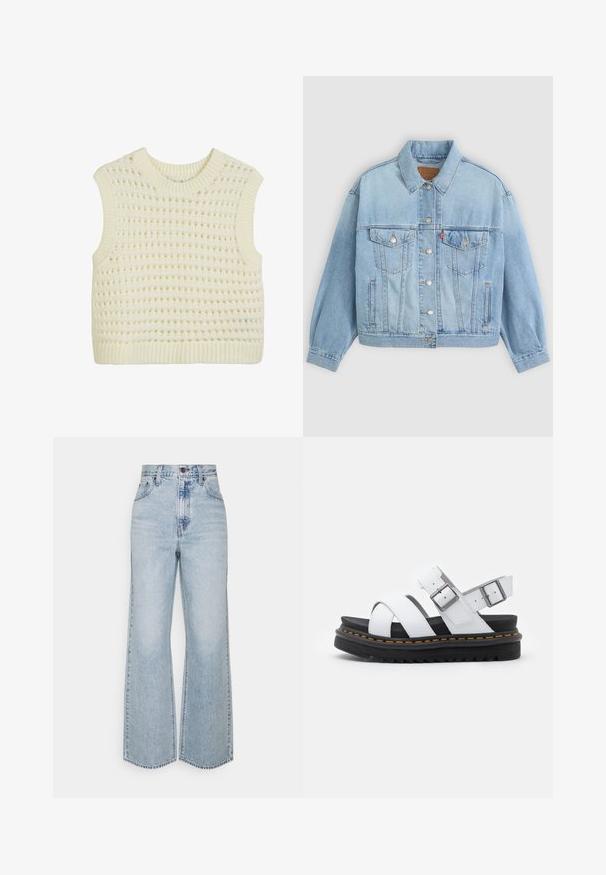 Veste en denim bleu clair avec un col classique, fermeture boutonnée, deux poches poitrine, coupe décontractée et détails de couture visibles.; Débardeur en tricot sans manches de couleur crème, présentant un motif en tricot ouvert texturé ainsi qu'un col et un ourlet côtelés.; Jean large en denim bleu clair avec taille haute, design classique à cinq poches et couture contrastante. Détail de ourlet brut en bas.; Sandales en cuir blanc avec des sangles réglables à boucle, semelle en noir superposée et détail de couture orange le long du bord.