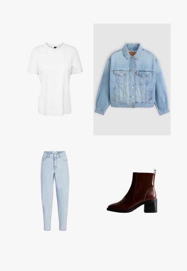 Lichtblauwe denim jacket met een klassieke kraag, knoopsluiting, twee borstzakken, een ontspannen pasvorm en zichtbare stiksels.; Witte korte mouw t-shirt van katoen met een ronde hals en een relaxte pasvorm. Gladde textuur en geen zichtbare patronen of versieringen.; Lichtblauwe jeans met hoge taille, voorste knoop en ritssluiting, vijfzakkenmodel en taps toelopende pijpen.; Bruin lederen enkellaars met een vierkante neus en zijnaad, een gestapelde hak van 7,5 cm en een lus aan de achterkant voor gemakkelijk aan- en uittrekken.