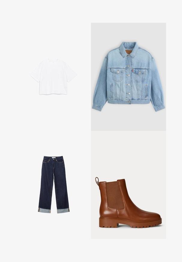 Veste en denim bleu clair avec un col classique, fermeture boutonnée, deux poches poitrine, coupe décontractée et détails de couture visibles.; T-shirt blanc à manches courtes avec encolure ronde et coupe carrée ample, présenté sur un fond blanc uni.; Jeans larges bleu foncé avec ourlets retroussés, poches avant et couture visible, étalés à plat sur un fond blanc.; Bottine Chelsea en cuir marron avec panneau latéral élastique, languette au talon et semelle épaisse à crampons.