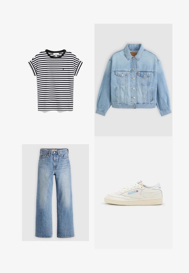 Lichtblauwe denim jacket met een klassieke kraag, knoopsluiting, twee borstzakken, een ontspannen pasvorm en zichtbare stiksels.; Zwart-wit gestreepte T-shirt met korte mouwen, een zwarte ribbelige ronde hals en een klein logo op de linkerborst.; Lichtblauwe denim wijde broek met hoge taille, vervaagde plekken, vijf zakken en contrasterende stiksels. Klassieke knoop- en ritssluiting.; Reebok sneakers in off-white leer met lichtblauwe accenten. Beschikt over een geperforeerde neus, platte veters en een getextureerde rubberen zool.