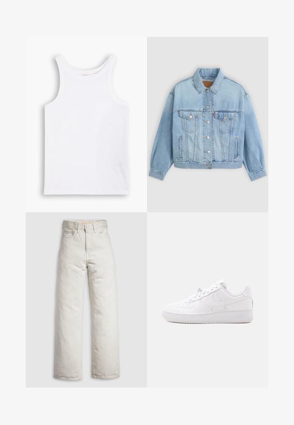 Lys blå denimjakke med klassisk krave, knaplukning, to brystlommer, afslappet pasform og synlige syningsdetaljer.; Hvid bomulds tanktop med brede skulderstropper, en rund halsudskæring og en glat, ribbet tekstur. Ingen mønstre eller detaljer til stede.; Off-white, højttaljede jeans med lige ben, frontknap, lynlåslukning og fem-lomme-design på en ensartet hvid baggrund.; Lavtop hvid sneaker med perforeret tå, snørelukning, tekstureret sål og et diskret swoosh-logo på siden.