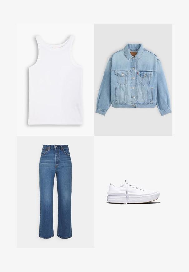 Lichtblauwe denim jacket met een klassieke kraag, knoopsluiting, twee borstzakken, een ontspannen pasvorm en zichtbare stiksels.; Witte katoenen tanktop met brede schouderbanden, een ronde halslijn en een gladde, geribbelde textuur. Geen patronen of accenten aanwezig.; Hoge taille blauwe denim jeans met een recht gesneden pasvorm. Beschikt over vijf zakken, een knoopsluiting en subtiele stiksels langs de naden.; Witte lage canvas sneaker met dikke plateauzool, veters aan de voorkant en rubberen toeskap met structuur, zijaanzicht.