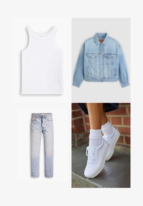 Lys blå denimjakke med klassisk krave, knaplukning, to brystlommer, afslappet pasform og synlige syningsdetaljer.; Hvid bomulds tanktop med brede skulderstropper, en rund halsudskæring og en glat, ribbet tekstur. Ingen mønstre eller detaljer til stede.; Lyseblå denimjeans med lige ben, der har en knaplukning, fem lommer og en diskret falmning langs benene.; Hvide lærreds sneakers med gummisåler, der har seks snørehuller, rund tå og let sømdetaljer, krydret med hvide ankelstrømper.