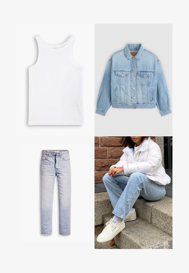 Veste en denim bleu clair avec un col classique, fermeture boutonnée, deux poches poitrine, coupe décontractée et détails de couture visibles.; Débardeur en coton blanc avec de larges bretelles, un col rond et une texture lisse et côtelée. Aucun motif ni accent présent.; Jean en denim bleu clair avec une coupe droite, dotés d'une fermeture à boutons, de cinq poches et d'un léger délavage sur les jambes.; Doudoune blanche avec un col haut, jean en denim bleu clair et baskets blanches Reebok. Escaliers en pierre texturée en arrière-plan.