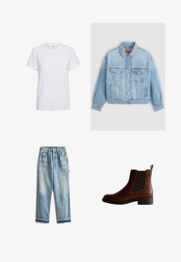 Chaqueta de mezclilla azul clara con un collar clásico, cierre de botones, dos bolsillos en el pecho, corte relajado y costuras visibles.; Camiseta blanca de manga corta hecha de algodón suave. Presenta un cuello redondo y un diseño simple y sin costuras, sin adornos ni patrones.; Jeans de denim azul claro con corte recto, con un dobladillo deshilachado. Bolsillos estándar y detalles de costura visibles en todo el pantalón.; Botín de cuero marrón hasta el tobillo con paneles laterales elásticos, puntera redondeada y un tacón bajo tipo bloque. Presenta costuras en contraste y una lengüeta.