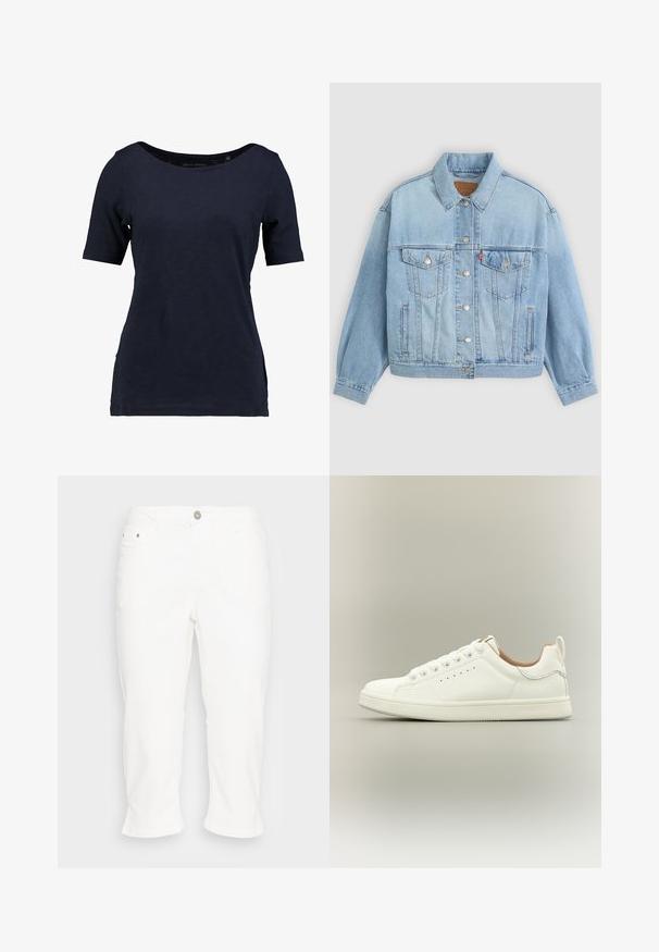 Hellblaue Jeansjacke mit klassischem Kragen, Knopfverschluss, zwei Brusttaschen, lässiger Passform und sichtbaren Nähten.; Kragenloses T-Shirt aus Baumwolle in Marineblau mit kurzen Ärmeln. Es verfügt über einen U-Boot-Ausschnitt und einen lockeren Schnitt mit seitlichen Schlitzen für mehr Bewegungsfreiheit.; Kaffe KAZELINA - Jeans Straight Leg - chalk; Weißer Sneaker mit niedrigem Schaft, Schnürsenkeln, perforierten Seitendetails und einem Zuglasche an der Ferse, vor neutralem Hintergrund.