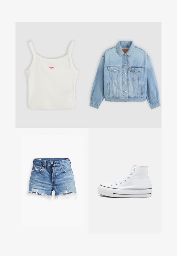 Veste en denim bleu clair avec un col classique, fermeture boutonnée, deux poches poitrine, coupe décontractée et détails de couture visibles.; Crop top blanc côtelé avec fines bretelles et petit logo Levi's rouge au centre devant et sur la couture latérale.; Shorts en denim bleu clair avec des bords effilochés, taille haute, fermeture à bouton et deux poches avant ; des détails usés ajoutent de la texture.; Baskets montantes blanches en toile, semelle en caoutchouc noir et bande noire contrastante sur la semelle intermédiaire. Bout rond et design à lacets.