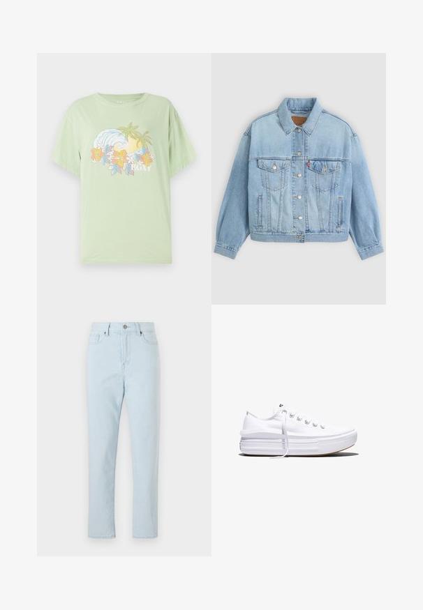 Veste en denim bleu clair avec un col classique, fermeture boutonnée, deux poches poitrine, coupe décontractée et détails de couture visibles.; T-shirt manches courtes vert clair avec un graphique de vague et de fleur, portant le nom de la marque "ROXY" en blanc. Matériau en coton doux.; Jean droit taille haute bleu clair avec poches avant, passants de ceinture, fermeture à bouton et couture visible le long des jambes.; Baskets basses blanches en toile avec semelle plateforme épaisse, lacets sur le devant et embout en caoutchouc texturé, vues de profil.