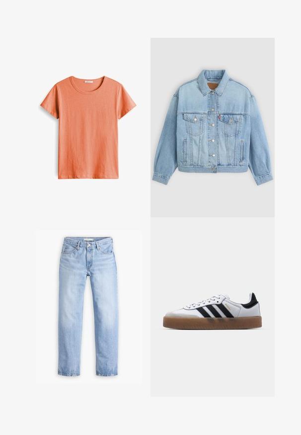Lichtblauwe denim jacket met een klassieke kraag, knoopsluiting, twee borstzakken, een ontspannen pasvorm en zichtbare stiksels.; Korte mouwen T-shirt in licht koraal, gemaakt van zachte katoen, met een ronde hals en een gladde textuur zonder patronen of accenten.; Lichtblauwe denim jeans met een rechte pijp, vijf zakken en een middelhoge taille. Heeft een vervaagde textuur en een gestikte zoom.; Witte leren sneakers met zwarte strepen, gumrubberen buitenzool, ronde neus, vetersluiting en een zachte grijze suède neuskap.