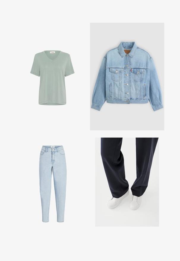 Heledad sinine denimpusak, millel on klassikaline krae, nööbid, kaks rinna taskut, lõdva istuvusega ja nähtavad õmblemise detailid.; Pehme rohelise tooniga hele T-särk, millel on V-kaelus ja lühikesed varrukad. Valmistatud siledast kangast, omades lõdvestunud lõiget ja minimaalset õmblusdetailide arvu.; Helerohelised kõrge vöökohaga teksapüksid esiküljel nööpide ja luku, viie tasku stiiliga ja kitsenevate säärtega.; Valged tossud tekstuuriga kummist tallaga ja lamedate nööpidega, sobitatud tume mereväe värvi pükstega, millest paistab lahtine, sile kangas ja kohandatud istuvus.