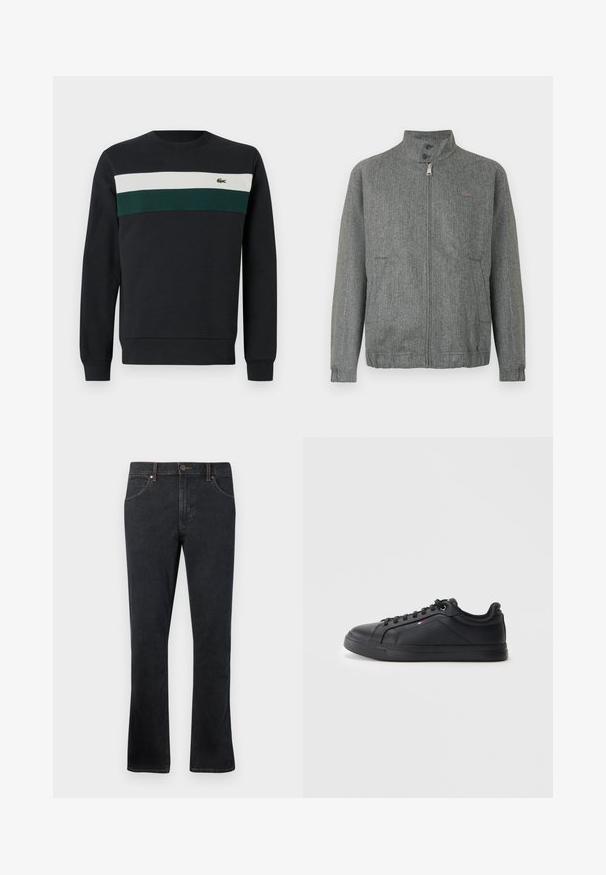 Grijze herringbone jas met een staande kraag, ritssluiting aan de voorkant en twee zijzakken. Bevat een subtiel logo op de borst. Geweven stofafwerking.; Donkere sweatshirt met een zwarte basis, voorzien van groene en witte horizontale strepen op de borst en een klein geborduurd logo aan de linkerkant.; Donkerblauwe denim jeans met een recht model, voorzien van vijf zakken, contrasterende stiksel en een lichte flared onderkant.; Zwarte leren sneaker met een laag ontwerp, ronde neus, platte veters en een gestructureerde zool. Bevat een klein gekleurd logo aan de zijkant.