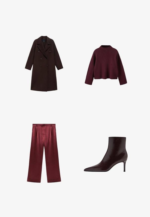 Manteau en mélange de laine marron avec un design croisé, grands revers et six boutons ronds. Manches longues avec des ourlets droits.; Pull en maille bordeaux avec un col montant, des épaules tombantes et des manches longues. Présente une coupe courte et une texture côtelée.; Pantalons larges bordeaux en satin avec une texture lisse, dotés d'une taille haute et de deux poches latérales pour un détail fonctionnel.; Bottine en cuir bordeaux avec un bout pointu, un design épuré et un haut talon aiguille. Texture lisse avec un discret grain.