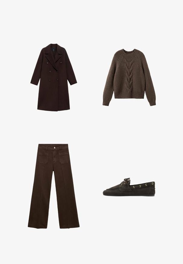 Brauner Wollmischmantel mit einem Doppelreiher-Design, großen Revers und sechs runden Knöpfen. Lange Ärmel mit geraden Säumen.; Brauner Strickpullover mit rundem Halsausschnitt, langen Ärmeln und einem Zopfmuster, das die Vorderseite hinunterläuft. Gerippter Saum und Bündchen.; Braune weit geschnittene Jeans aus Denim, mit hoher Taille, zwei Gesäßtaschen und einem vorderen Knopfverschluss. Glatte Textur, gerade Form.; Dunkelbrauner Wildleder-Slipper mit Lederband-Detail und goldenen Ösen, flacher Sohle und genähter Mokassin-Front.