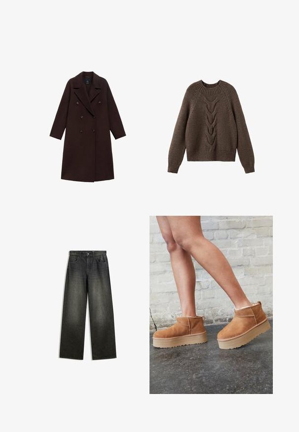 Brun uldblandingsfrakke med dobbeltradet design, store reverser og seks runde knapper. Lange ærmer med lige kanter.; Brun strikket sweater med rund halsudskæring, lange ærmer og et kabelstrikdesign, der løber ned langs fronten. Ribbet kant og manchetter.; Bredde ben jeans i mørkegrå denim med en falmet finish, fem-lomme design og en knaplukning i taljen.; Brune ruskinds ankelsko med en blød foring, tyk beige plattformsål og en bageste løkke. Tekstureret overflade med synlige sømdetaljer.