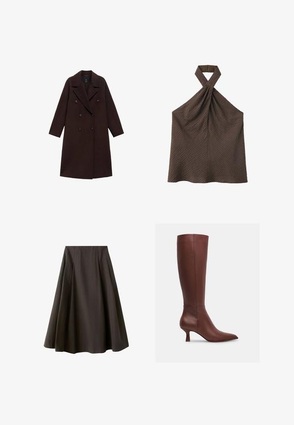 Manteau en mélange de laine marron avec un design croisé, grands revers et six boutons ronds. Manches longues avec des ourlets droits.; Haut marron texturé sans manches à col licou torsadé avec fermeture boutonnée à l'arrière du cou.; Jupe noire trapèze à taille haute avec ourlet évasé, fabriquée en tissu lisse, présentée sur fond blanc.; Botte en cuir marron montant jusqu'au genou, avec un bout pointu et un talon effilé. Texture lisse sans motifs visibles ni accents en métal.