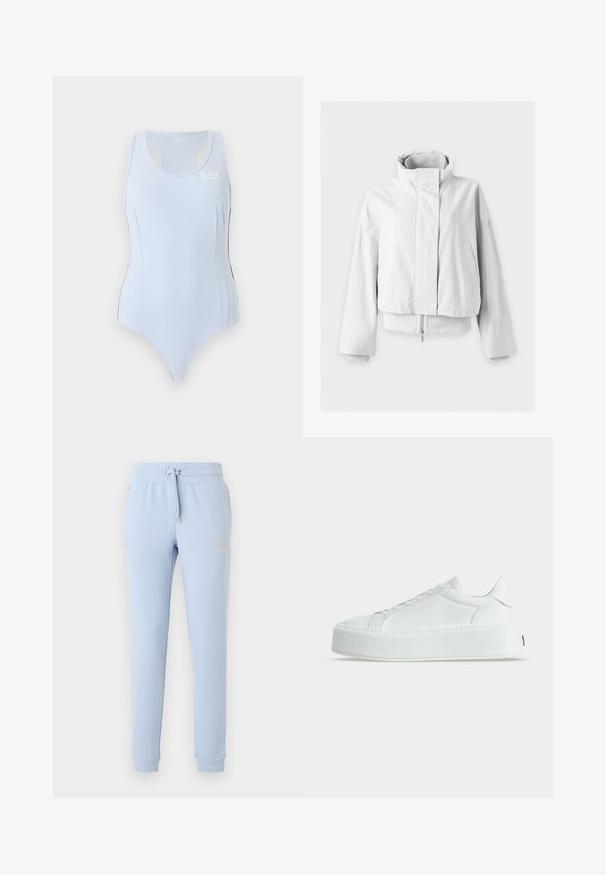 Veste matelassée blanche avec col montant, boutons-pression sur le devant, poches latérales, manches longues et couche intérieure zippée visible à l'ourlet.; Justaucorps de sport bleu clair sans manches avec dos nageur et petit logo blanc EA7 sur le haut du côté gauche de la poitrine.; Pantalon de jogging bleu clair avec chevilles élastiquées, taille à cordon, poches latérales et logo texte discret sur la cuisse gauche.; Baskets basses blanches en cuir texturé, semelle épaisse à plateforme et fermeture à lacets, vues de profil sur fond uni.