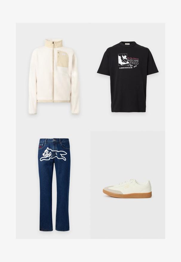 Flødefarvet fleecejakke med beige accenter, fuld lynlås foran og lynlåslomme på brystet med logo på en ensfarvet baggrund.; Sort T-shirt med grafik af en jazzmusiker, der spiller trompet, og teksten "Jazz Café Fred Amsterdam City" i hvid og pink.; Blå denim jeans med lige ben, der har et stort hvidt grafisk motiv af et springende væsen på den bageste lomme. Standard femlomme-design.; Sneaker lavet af hvid læder med en beige tåhætte og let brunt gummisål. Har flade hvide snørebånd og prægede branding på siden.