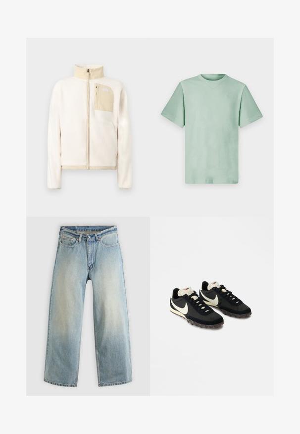 Veste polaire de couleur crème avec des accents beiges, fermeture éclair complète sur le devant et poche poitrine zippée avec un logo sur un fond uni.; T-shirt en coton vert clair à manches courtes avec col rond et logo embossé subtil sur la poitrine gauche.; Jean denim bleu clair à jambes larges avec une finition délavée. Comprend un design standard à cinq poches et une fermeture à bouton métallique.; Chaussures de sport noires avec une tige texturée, logo swoosh blanc et semelle en caoutchouc dotée de petits crampons pour une meilleure traction. Col de couleur crème.