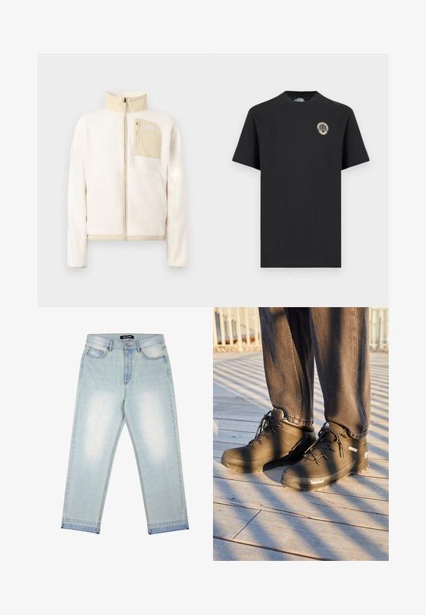 Roomkleurig fleecejack met beige accenten, volledige ritssluiting aan de voorkant en een borstzak met rits voorzien van een logo op een effen achtergrond.; Zwart T-shirt met korte mouwen en ronde hals, met een klein beige rond logo met een blad- en schedelontwerp op de linkerborst.; Pegador BARROW - Wijde jeans - sand washed blue; Zwarte Timberland wandelschoenen hebben een hoge gloss ontwerpen, een gestructureerd oppervlak en ronde veters, tegen een achtergrond van een houten vloer.