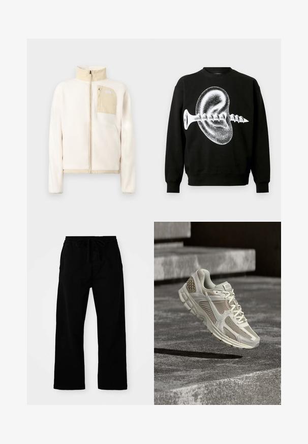 Flødefarvet fleecejakke med beige accenter, fuld lynlås foran og lynlåslomme på brystet med logo på en ensfarvet baggrund.; Sort sweatshirt med en stor hvid grafik af et øre og en skrue, med lange ærmer og rund halsudskæring. Glat stoftekstur.; Sorte bukser med elastisk talje og justerbar snor, brede ben og en glat bomulds struktur. Ingen synlige mønstre eller hardware detaljer.; Lys beige Nike løbesko med mesh-paneler og tyk sål, svævende over grå betontrapper i udendørs omgivelser.
