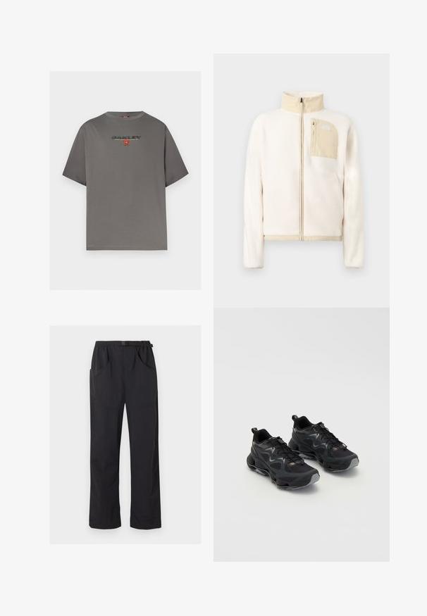 Veste polaire de couleur crème avec des accents beiges, fermeture éclair complète sur le devant et poche poitrine zippée avec un logo sur un fond uni.; T-shirt gris à manches courtes avec le logo "OAKLEY" et un petit graphisme rouge centré sur la poitrine, présenté sur un fond blanc uni.; Pantalon noir à jambe droite avec taille élastique et ceinture ajustable à boucle, doté de poches avant et latérales.; Chaussures de sport noires avec une tige en maille texturée, dotées d'une semelle épaisse, d'un système de laçage et de subtils accents gris.