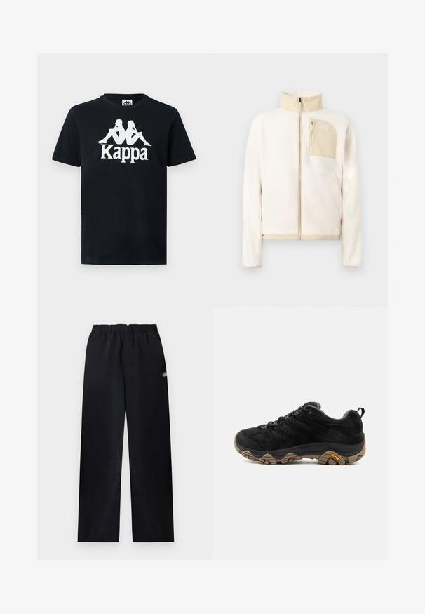 Veste polaire de couleur crème avec des accents beiges, fermeture éclair complète sur le devant et poche poitrine zippée avec un logo sur un fond uni.; T-shirt noir à manches courtes avec logo Kappa blanc présentant deux silhouettes assises dos à dos et le nom de la marque en dessous.; Pantalon droit à taille élastique noire avec petit logo blanc sur la partie supérieure de la cuisse droite, présenté à plat sur un fond clair.; Chaussure de randonnée noire avec semelle Vibram marron robuste, dessus en mesh et en daim, design à lacets et languette arrière, vue de côté extérieur.