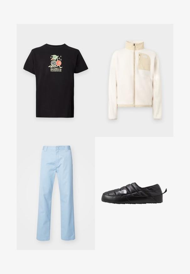 Cremefarbene Fleecjacke mit beigen Akzenten, durchgehendem Frontreißverschluss und einer mit Reißverschluss verschlossenen Brusttasche mit Logo auf einfarbigem Hintergrund.; Schwarzes Baumwoll-T-Shirt mit einem bunten Grafikdruck, der eine Ananas und Kirschen zeigt. Der Text lautet "Stance Community Run Club." Mit kurzen Ärmeln.; Helleblau geradlinige Hose aus Baumwollmischgewebe. Verfügt über einen flachen Bund, Seitentaschen und keine sichtbaren Muster oder Verzierungen.; Schwarzer Slipper mit gestepptem Design, aus gepolstertem Material gefertigt. Verfügt über eine strukturierten Gummisohle und eine kleine Lasche hinten.