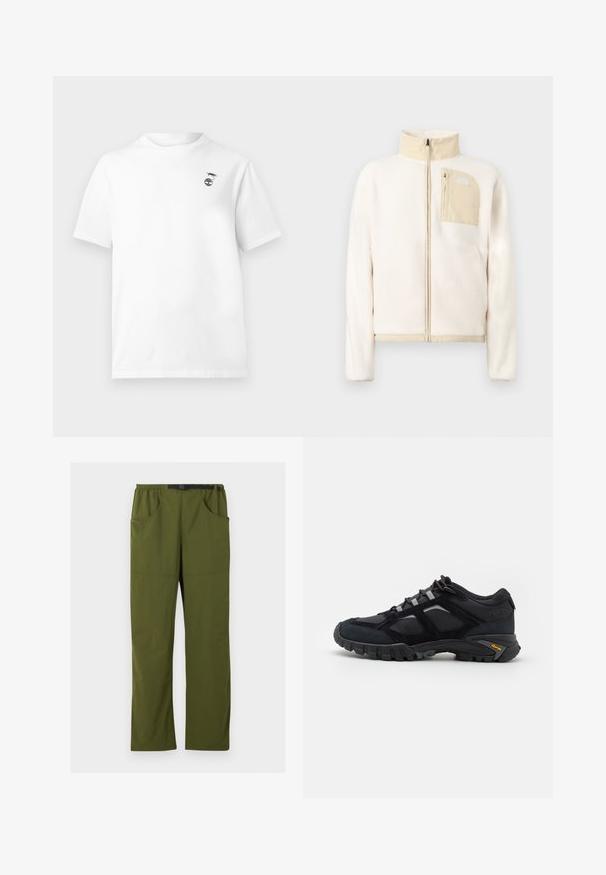 Veste polaire de couleur crème avec des accents beiges, fermeture éclair complète sur le devant et poche poitrine zippée avec un logo sur un fond uni.; T-shirt blanc à manches courtes avec col rond et petit motif noir d'une crevette au-dessus d'une plante sur le côté gauche de la poitrine.; Pantalon droit vert olive avec taille élastique et ceinture noire ajustable à boucle, poches avant et latérales, détail coutures avant.; Chaussure extérieure noire en daim et en maille avec une semelle robuste. Présente des accents gris et une marque Vibram sur le côté. Design à lacets.