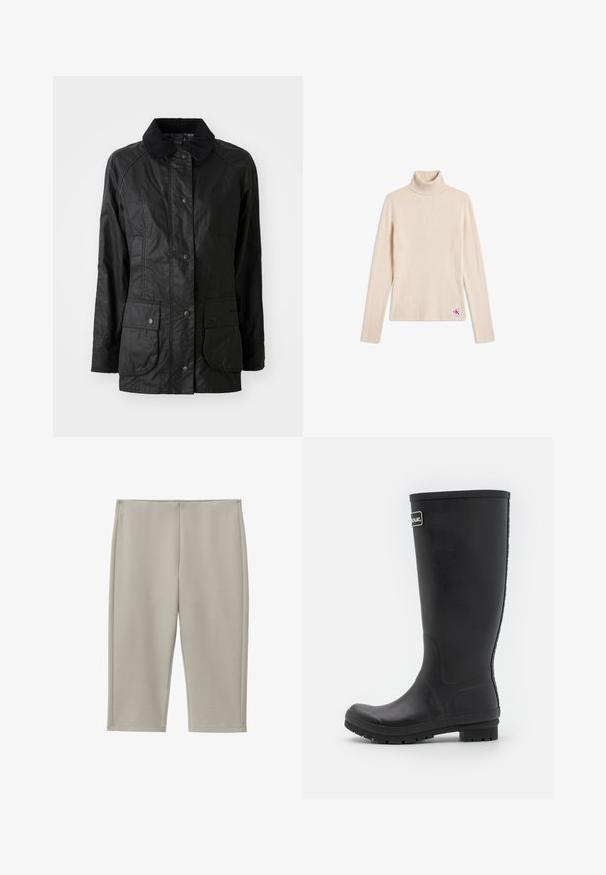 Veste noire légère avec un col en velours côtelé, fermeture à boutons-pression, deux poches avant et une texture lisse. Présente des détails de couture subtils.; Pull beige côtelé à col roulé manches longues avec un petit patch logo près de l'ourlet inférieur sur fond blanc.; Pantalon beige mi-genou, coupe droite, en tissu lisse avec des coutures latérales visibles et une ceinture simple.; Botte de pluie noire en caoutchouc, design haut avec une finition mate lisse. Dispose d'une semelle épaisse avec des rainures et d'un accent logo sur le côté.