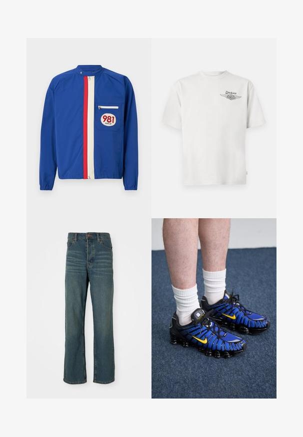 Blå lynlåsjakke med røde og hvide lodrette striber, lynlåslomme på brystet og "981 REPLAY" mærke på lommen.; Hvid T-shirt med korte ærmer og lille "Dickies" samt Harley-Davidson logo med vinger trykt på venstre bryst.; Blå denimjeans med gerade ben, der har fem lommer, knaplukning og lys fading foran.; Blå og sorte sportssko har et mesh-design, gule accenter og en segmenteret sål. Bæres med hvide ankelstrømper.