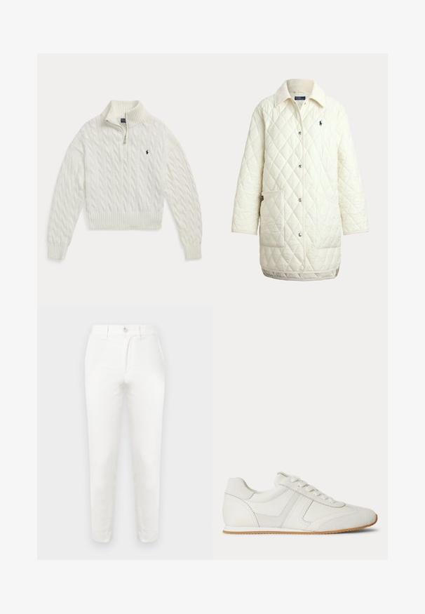 Veste longue matelassée crème avec boutons-pression, deux poches avant, col et logo brodé foncé sur la poitrine gauche.; Pull blanc en maille torsadée à demi-fermeture éclair avec col, poignets et bas en côtes, présentant un petit logo cheval brodé foncé sur la poitrine.; Pantalon en coton blanc avec une coupe ajustée, comprenant une fermeture simple à bouton, un devant plat et des jambes effilées. Le tissu semble lisse avec une texture minimale.; Baskets basses blanches avec laçage à l'avant, panneaux en daim et cuir, et une semelle en caoutchouc marron clair sur fond blanc.