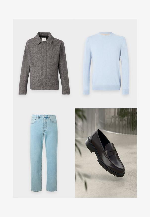 Grauer Fischgrat-Blazer mit einem spitzen Kragen, frontalen Taschen und einer taillierten Passform; verfügt über einen strukturierten Stoff und einen Knopfverschluss.; Hellblauer Strickpullover mit Rundhalsausschnitt, langen Ärmeln, gerippten Bündchen und Saum. Weiche Textur, einfaches Design, keine sichtbaren Muster oder Akzente.; Helle blaue Jeans aus Denim mit geradem Schnitt, fünf Taschen, einem Reißverschluss und einem dezenten Verblassen des Stoffes.; Braune Leder-Loafers mit einer strukturierten, geriffelten Gummisohle. Sie zeichnen sich durch ein schlankes Design und einen dekorativen Riemen über dem Spann aus.