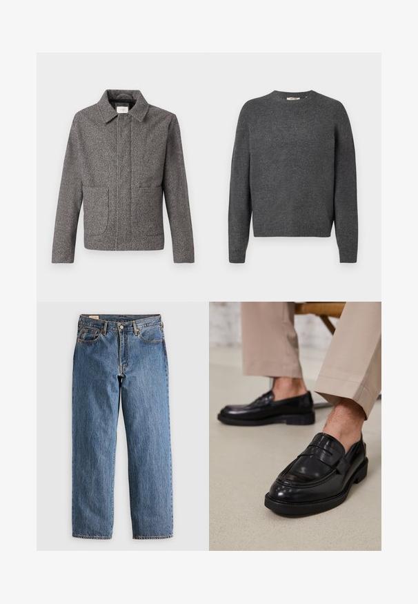 Chaqueta de espiga gris con cuello puntiagudo, bolsillos frontales y un ajuste entallado; presenta una tela texturizada y un cierre de botón.; Suéter gris oscuro hecho de un suave material de punto, con cuello redondo, mangas largas y dobladillo y puños acanalados. Diseño liso, sin patrones.; Jeans de mezclilla azul con un corte recto, que cuentan con una cintura alta, remaches de cobre y costuras naranjas. Incluyen bolsillos delanteros y traseros.; Mocasines de cuero negro con un acabado suave, que cuentan con una correa decorativa y costuras en contraste, combinados con pantalones beiges.