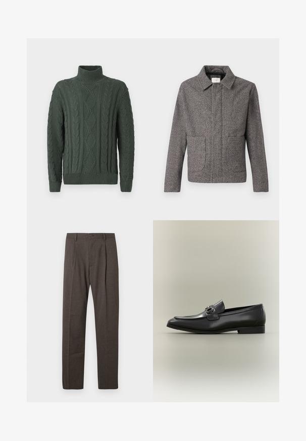 Grijze herringbone jas met een puntkraag, voorzakken en een getailleerde pasvorm; beschikt over textiel met structuur en een knoopsluiting.; Donkergroene kabelgebreide turtleneck trui met een ruit- en vlechtpatroon, geribde manchetten en zoom.; Bruine op maat gemaakte broeken met voorplooien, riemlussen en een enkele knoopsluiting bij de taille tegen een witte achtergrond.; Zwarte leren herenslipper met een lage hak en metalen gespsluiting aan de bovenkant, zijaanzicht op een neutrale achtergrond.