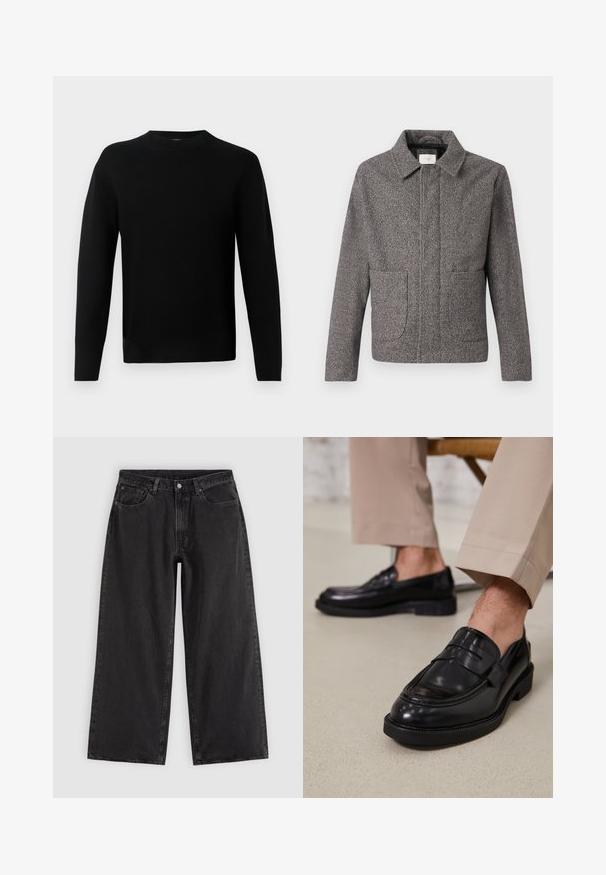 Grijze herringbone jas met een puntkraag, voorzakken en een getailleerde pasvorm; beschikt over textiel met structuur en een knoopsluiting.; Zwart lange mouwen crew neck trui met een getailleerde silhouette, gemaakt van een soepele breisels, weergegeven op een lichte grijze achtergrond.; Zwarte wijde spijkerbroek met voorzakken, riemlussen en knoopsluiting, getoond op een effen lichte achtergrond.; Zwarte leren loafers met een gladde afwerking, voorzien van een decoratieve band en contrasterende stiksels, gecombineerd met beige broeken.