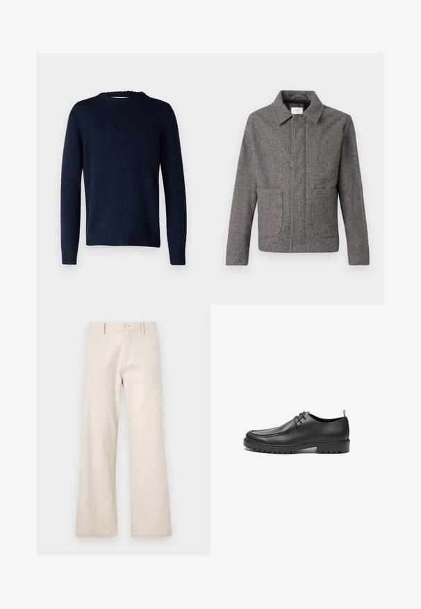 Grijze herringbone jas met een puntkraag, voorzakken en een getailleerde pasvorm; beschikt over textiel met structuur en een knoopsluiting.; Selected SLMCODY LS KNIT CREW NECK NOOS - Trui - sky captain; Beige wijde broekspijpen gemaakt van lichtgewicht stof, met een knoopsluiting en voorkruiszakken, met een gladde, niet-geweven afwerking.; Zwarte lederen schoenen met een gladde afwerking, ronde neus en decoratieve stiksels. Beschikt over een rubberen zool met tractiegrepen en een vetersluiting.