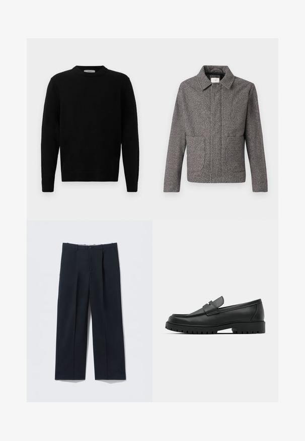 Veste en chevron grise avec un col pointu, des poches avant et une coupe ajustée ; un tissu texturé et une fermeture à boutons.; Pull en maille noir avec un col rond, des manches longues et des poignets côtelés. Texture douce avec un design épuré et minimal, adapté à un style décontracté.; Pantalon bleu marine foncé en tissu lisse, avec une coupe ajustée, deux poches avant et une fermeture par bouton.; Mocassins en cuir noir à bout arrondi, avec un design cousu, une semelle plateforme basse et une semelle en caoutchouc texturée et crantée.