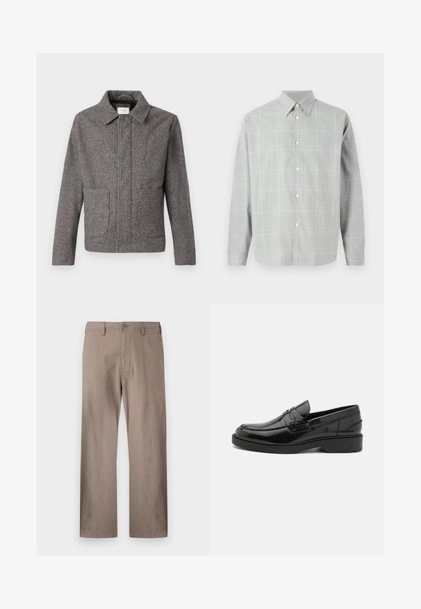 Chaqueta de espiga gris con cuello puntiagudo, bolsillos frontales y un ajuste entallado; presenta una tela texturizada y un cierre de botón.; Camisa de manga larga gris con un ligero patrón de cuadros, diseño con botones en la parte delantera, cuello de punta y textura de tela suave.; Pantalones rectos color beige hechos de tela ligera con cierre de botón, que cuentan con bolsillos frontales y costuras limpias.; Mocasines de cuero negro con un acabado suave, punta redondeada, tacón bajo y costura decorativa en la parte delantera. Suela de goma para mayor agarre.