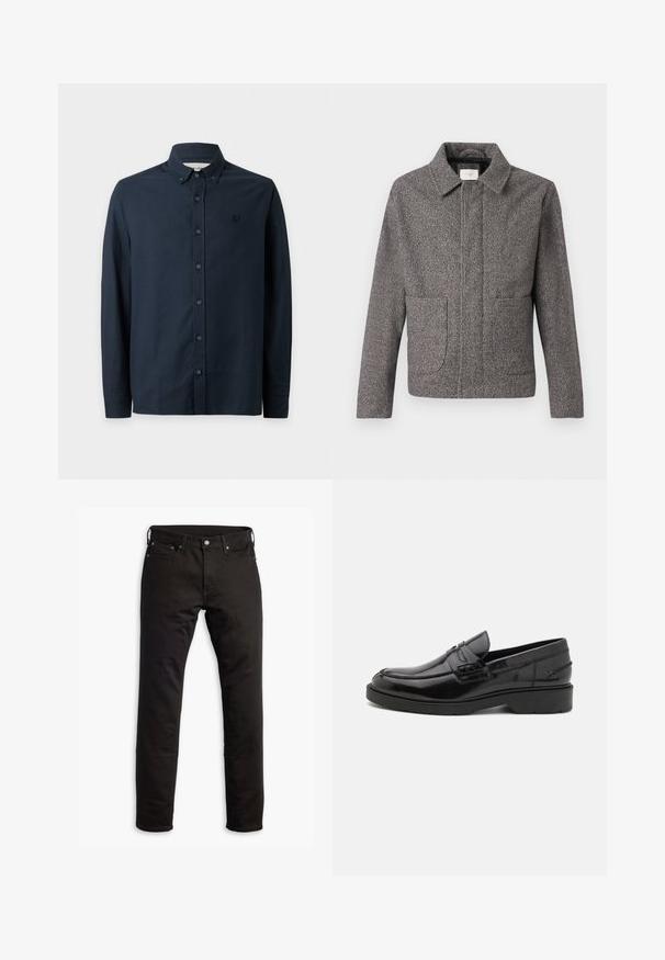 Veste en chevron grise avec un col pointu, des poches avant et une coupe ajustée ; un tissu texturé et une fermeture à boutons.; Chemise noire à manches longues boutonnée, avec col boutonné et logo brodé discret sur la poitrine gauche.; Jeans en denim noir avec une coupe droite, des poches avant et une fermeture à bouton. Le tissu a une texture lisse et un minimum de détails.; Mocassins en cuir noir avec une finition lisse, un bout rond, un petit talon et descoutures décoratives à l'avant. Semelle en caoutchouc pour l'adhérence.