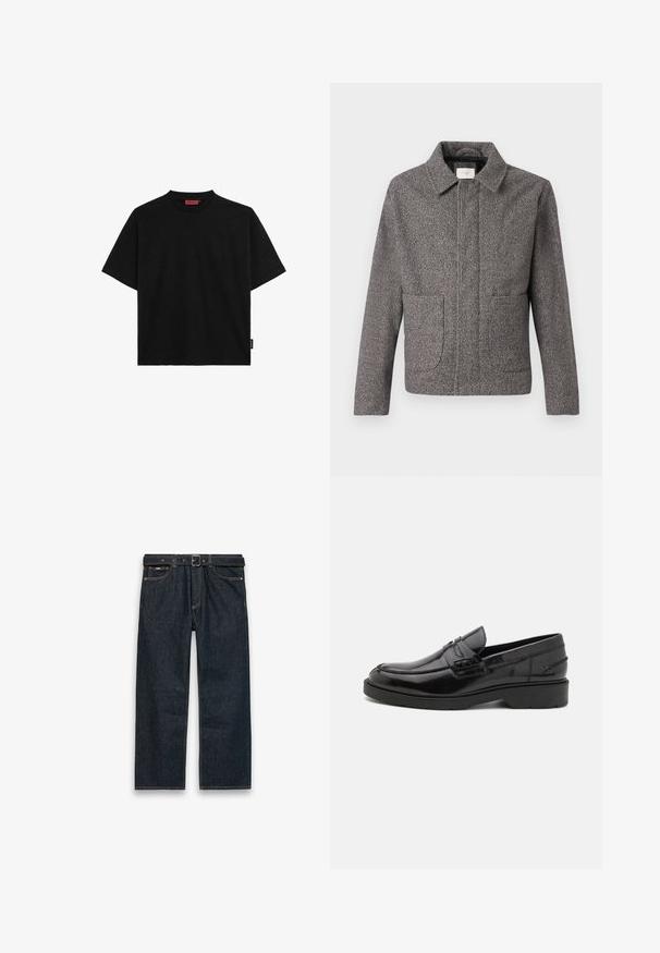 Chaqueta de espiga gris con cuello puntiagudo, bolsillos frontales y un ajuste entallado; presenta una tela texturizada y un cierre de botón.; Camiseta negra de manga corta hecha de algodón, con cuello redondo y una pequeña etiqueta en el lateral. Textura suave y corte recto.; Vaqueros de mezclilla azul oscuro de pierna recta con trabillas para cinturón y un cinturón negro, bolsillos delanteros y costuras visibles sobre un fondo blanco.; Mocasines de cuero negro con un acabado suave, punta redondeada, tacón bajo y costura decorativa en la parte delantera. Suela de goma para mayor agarre.