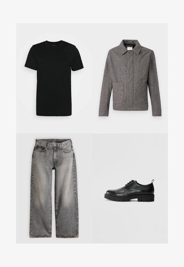 Veste en chevron grise avec un col pointu, des poches avant et une coupe ajustée ; un tissu texturé et une fermeture à boutons.; T-shirt noir à manches courtes en coton lisse, avec un col ras du cou et un design simple sans motifs ni accents.; Jean large en denim noir délavé, avec une taille haute, cinq poches et des détails de couture subtils le long des coutures.; Chaussure en cuir noir à bout arrondi, présentant un design à lacets, une semelle en caoutchouc noire robuste et un petit onglet de talon à l'arrière.